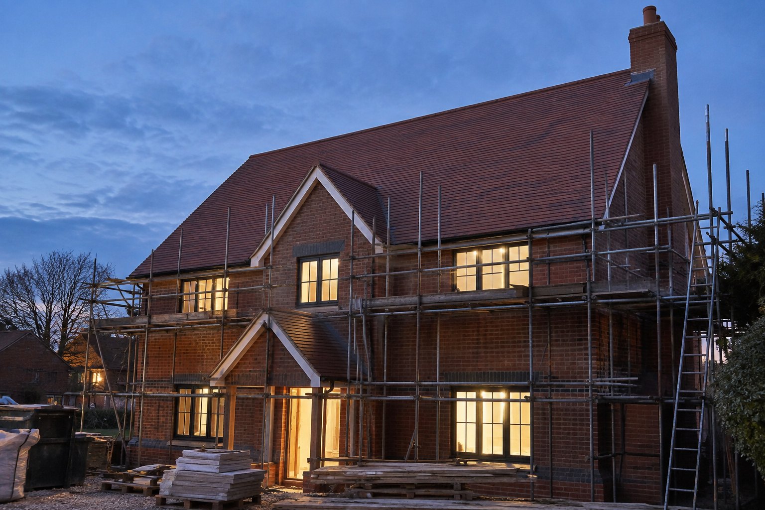 Finished cut roof on a Hampshire new-build home at dusk by PRM Carpentry — wide shot of finished carpentry / craftsman at work